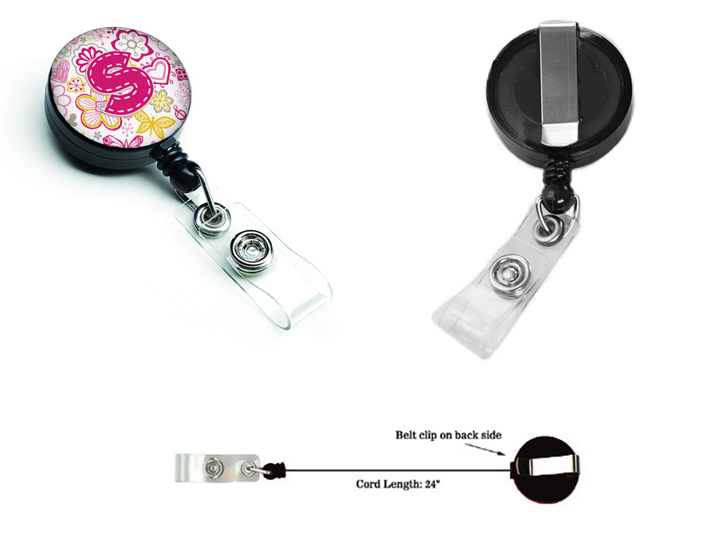 Letter S Flowers and Butterflies Pink Retractable Badge Reel CJ2005-SBR  the-store.com.