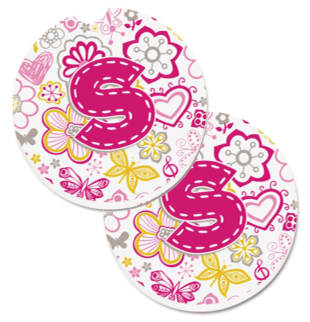 Letter S Flowers and Butterflies Pink Set of 2 Cup Holder Car Coasters CJ2005-SCARC by Caroline&#39;s Treasures