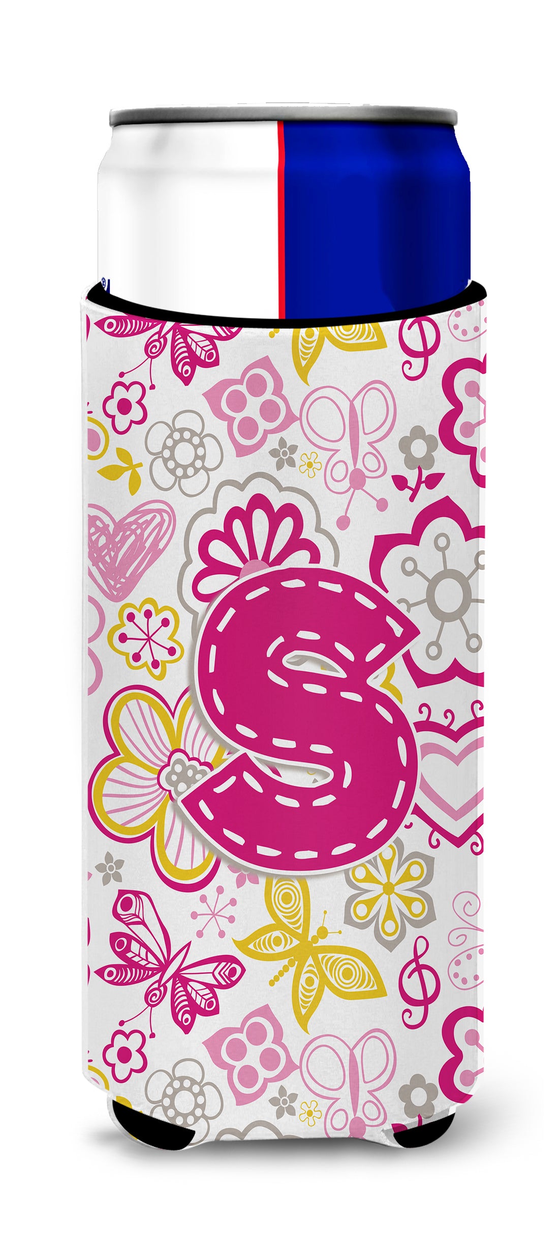 Letter S Flowers and Butterflies Pink Ultra Beverage Insulators for slim cans CJ2005-SMUK.