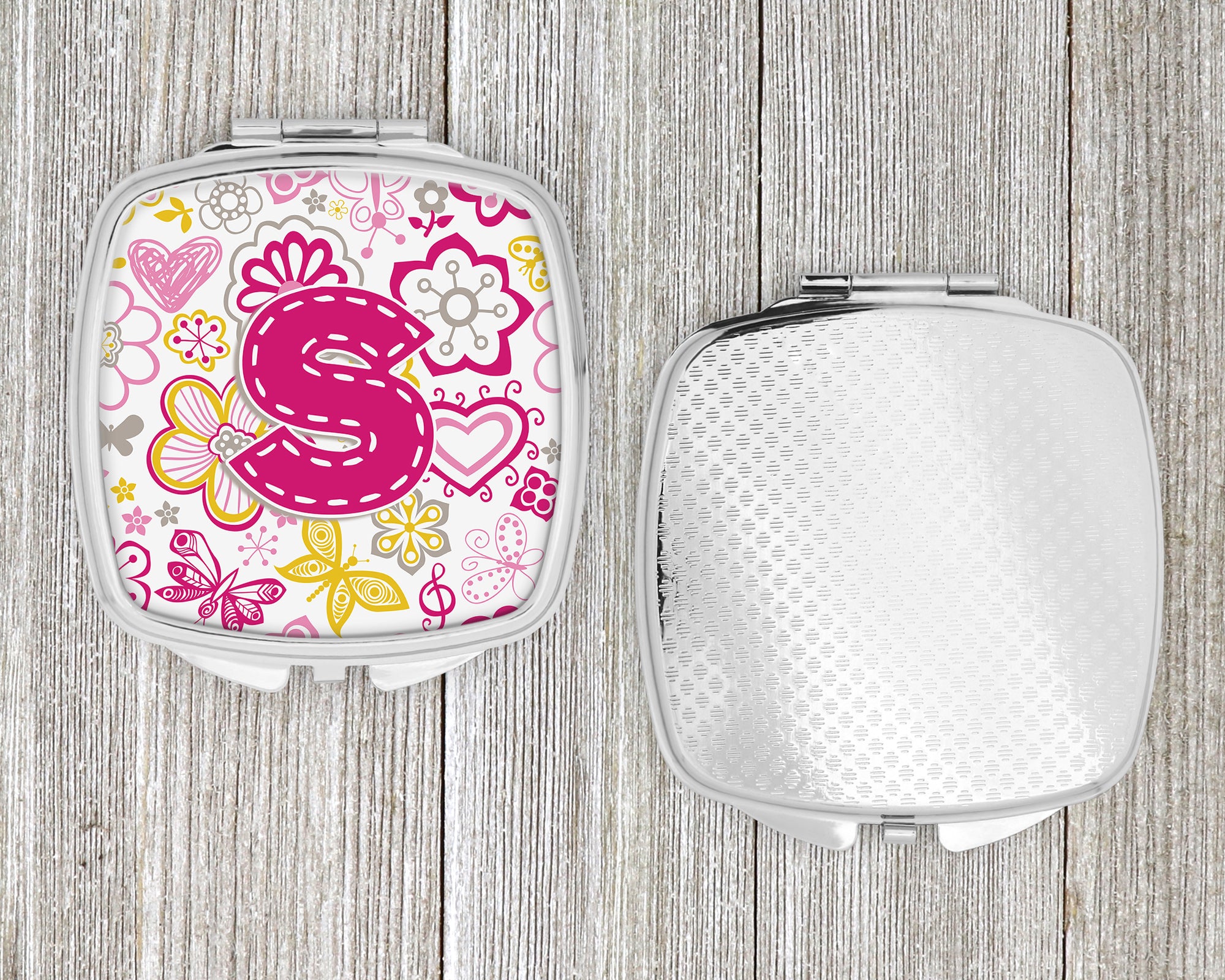 Letter S Flowers and Butterflies Pink Compact Mirror CJ2005-SSCM  the-store.com.