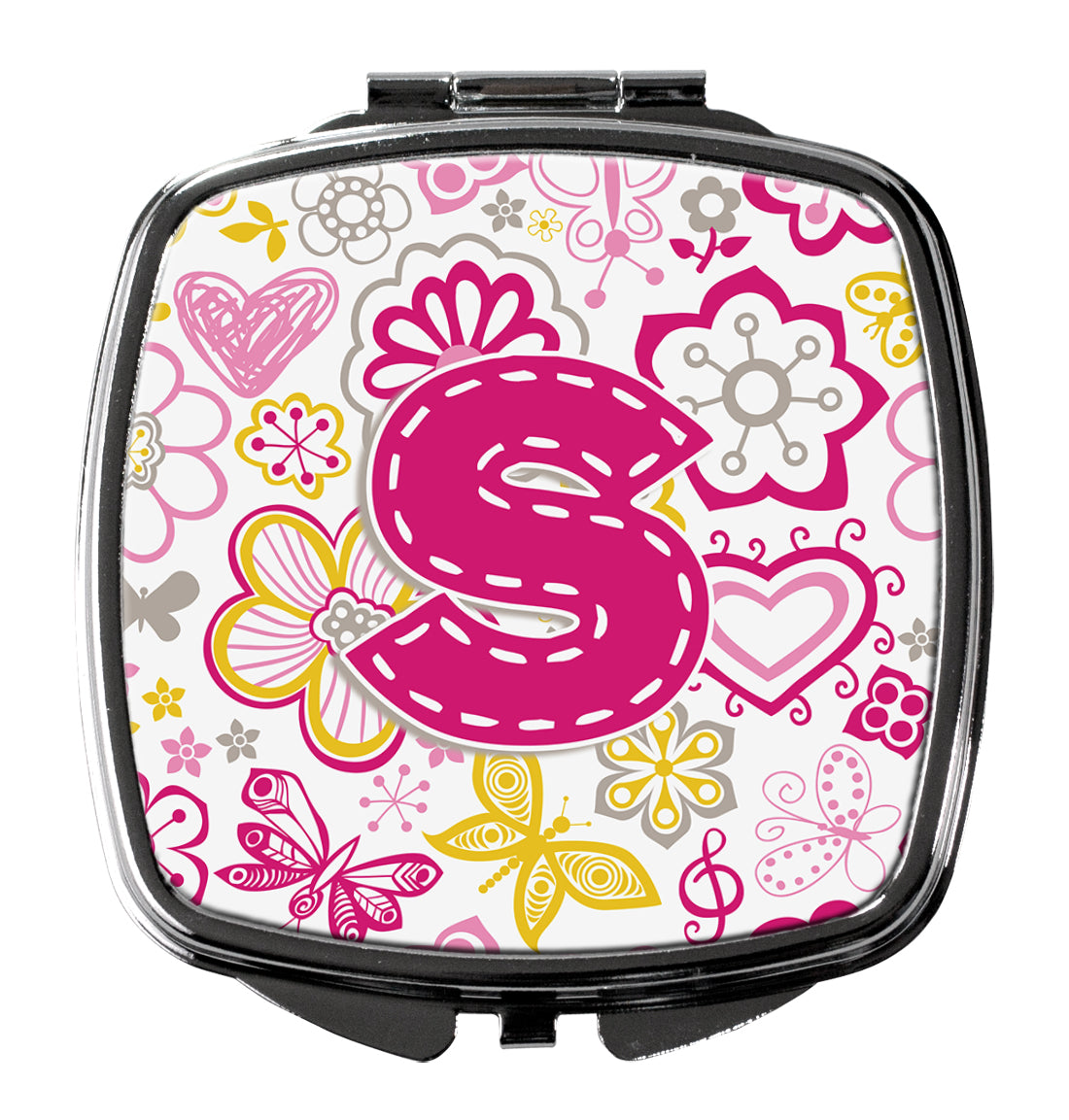 Letter S Flowers and Butterflies Pink Compact Mirror CJ2005-SSCM