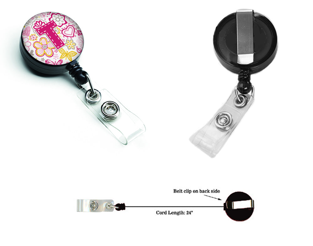 Letter T Flowers and Butterflies Pink Retractable Badge Reel CJ2005-TBR  the-store.com.