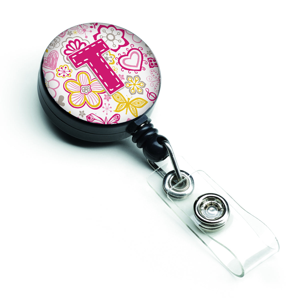 Caroline's Treasures Letter T Flowers and Butterflies Pink Retractable Badge Reel CJ2005-TBR