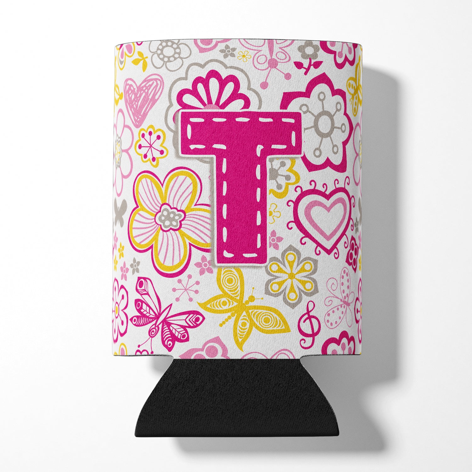 Letter T Flowers and Butterflies Pink Can or Bottle Hugger CJ2005-TCC.