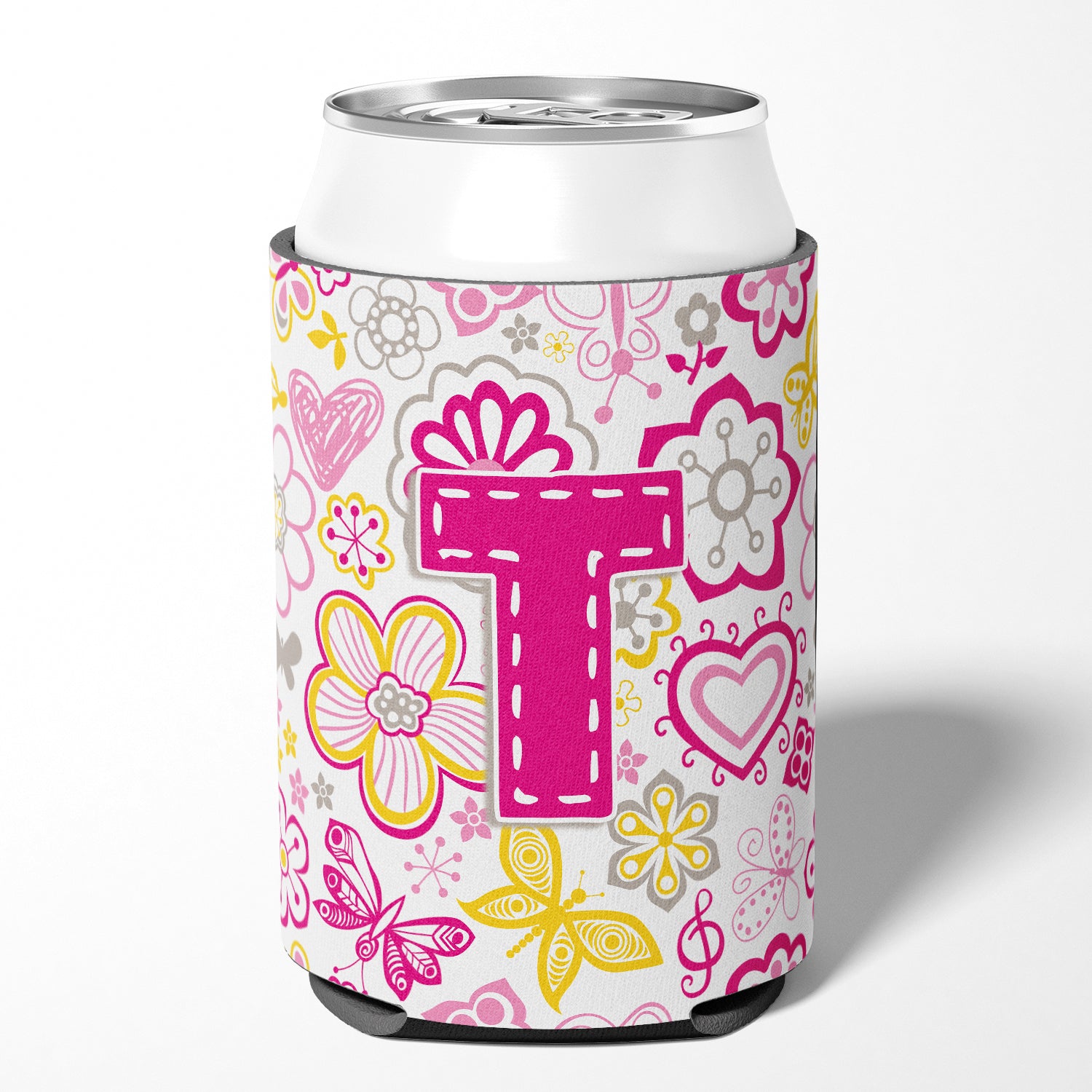 Letter T Flowers and Butterflies Pink Can or Bottle Hugger CJ2005-TCC.