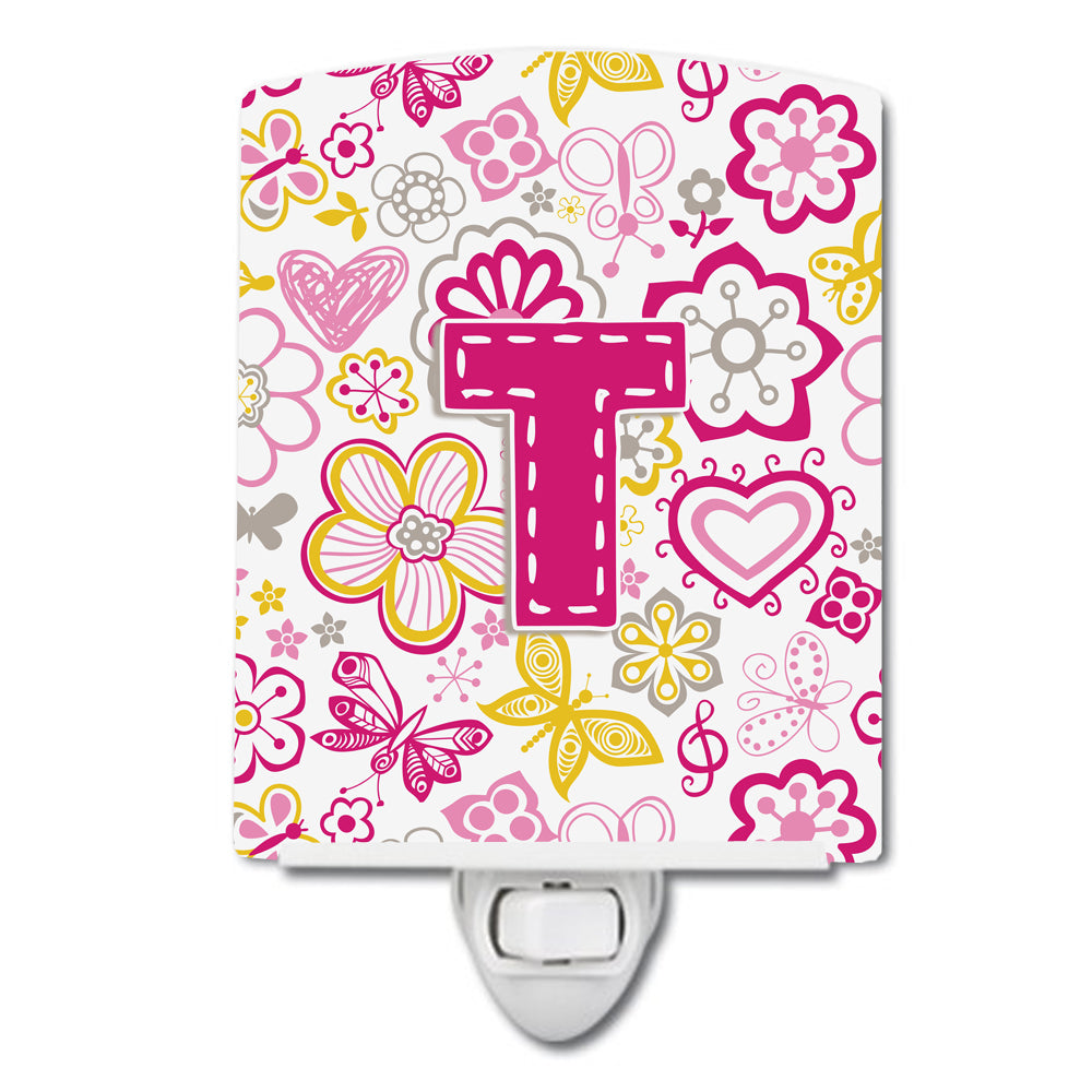 Letter T Flowers and Butterflies Pink Ceramic Night Light CJ2005-TCNL - the-store.com