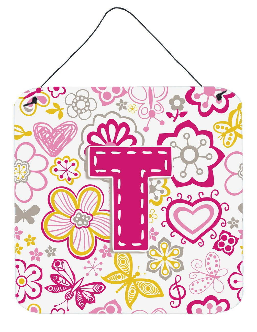 Letter T Flowers and Butterflies Pink Wall or Door Hanging Prints CJ2005-TDS66 by Caroline's Treasures