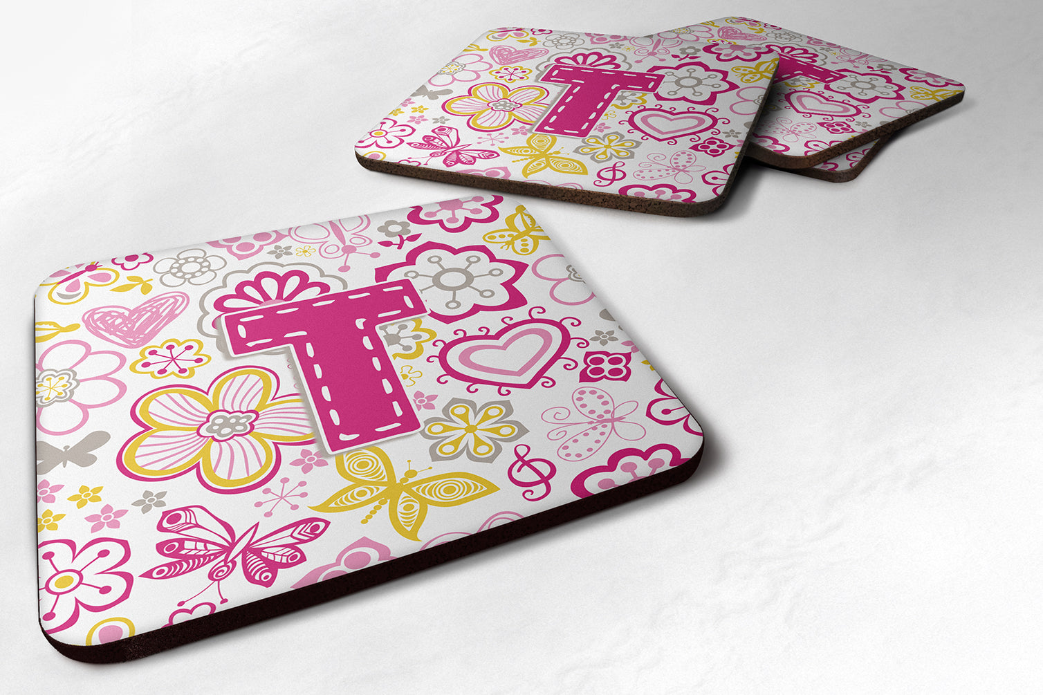 Set of 4 Letter T Flowers and Butterflies Pink Foam Coasters CJ2005-TFC - the-store.com