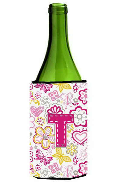 Letter T Flowers and Butterflies Pink Wine Bottle Beverage Insulator Hugger CJ2005-TLITERK by Caroline&#39;s Treasures