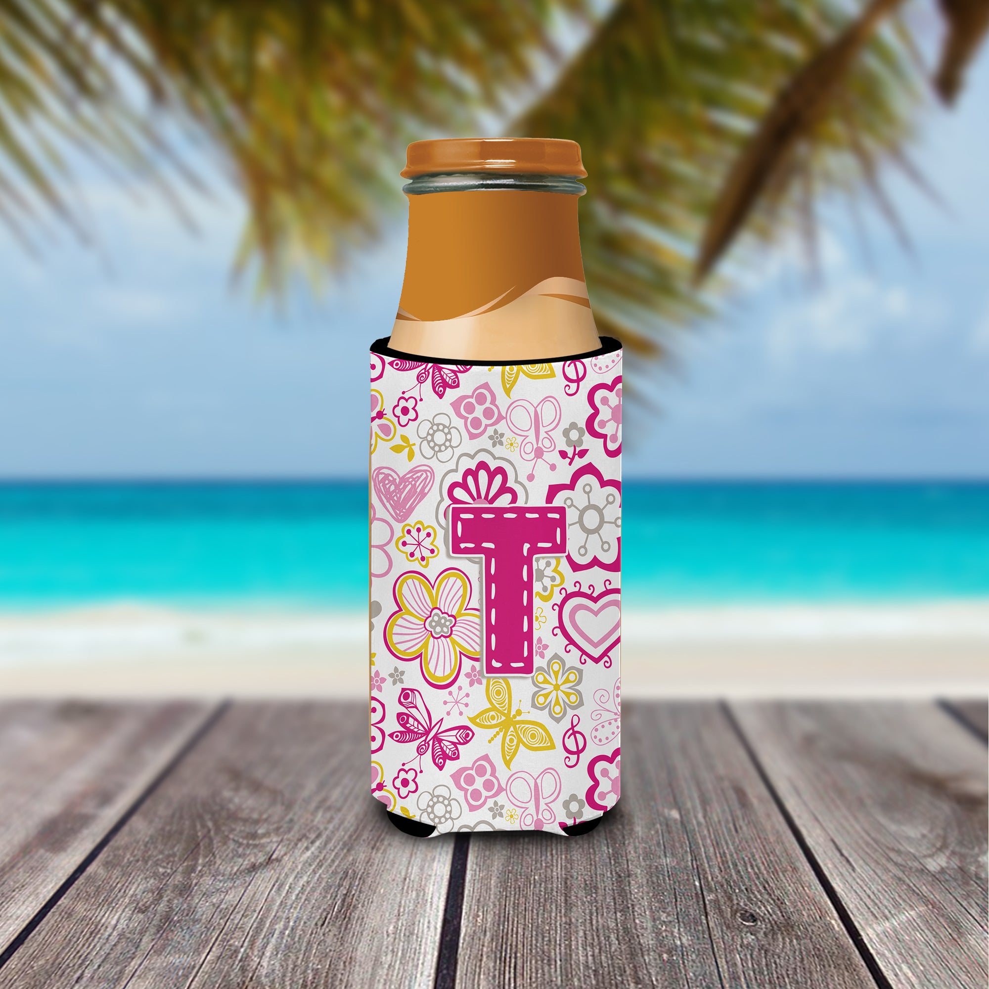 Letter T Flowers and Butterflies Pink Ultra Beverage Insulators for slim cans CJ2005-TMUK.