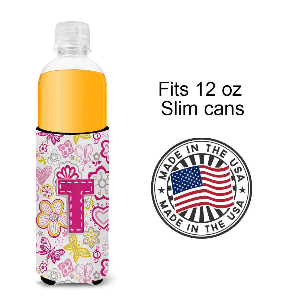 Letter T Flowers and Butterflies Pink Ultra Beverage Insulators for slim cans CJ2005-TMUK.