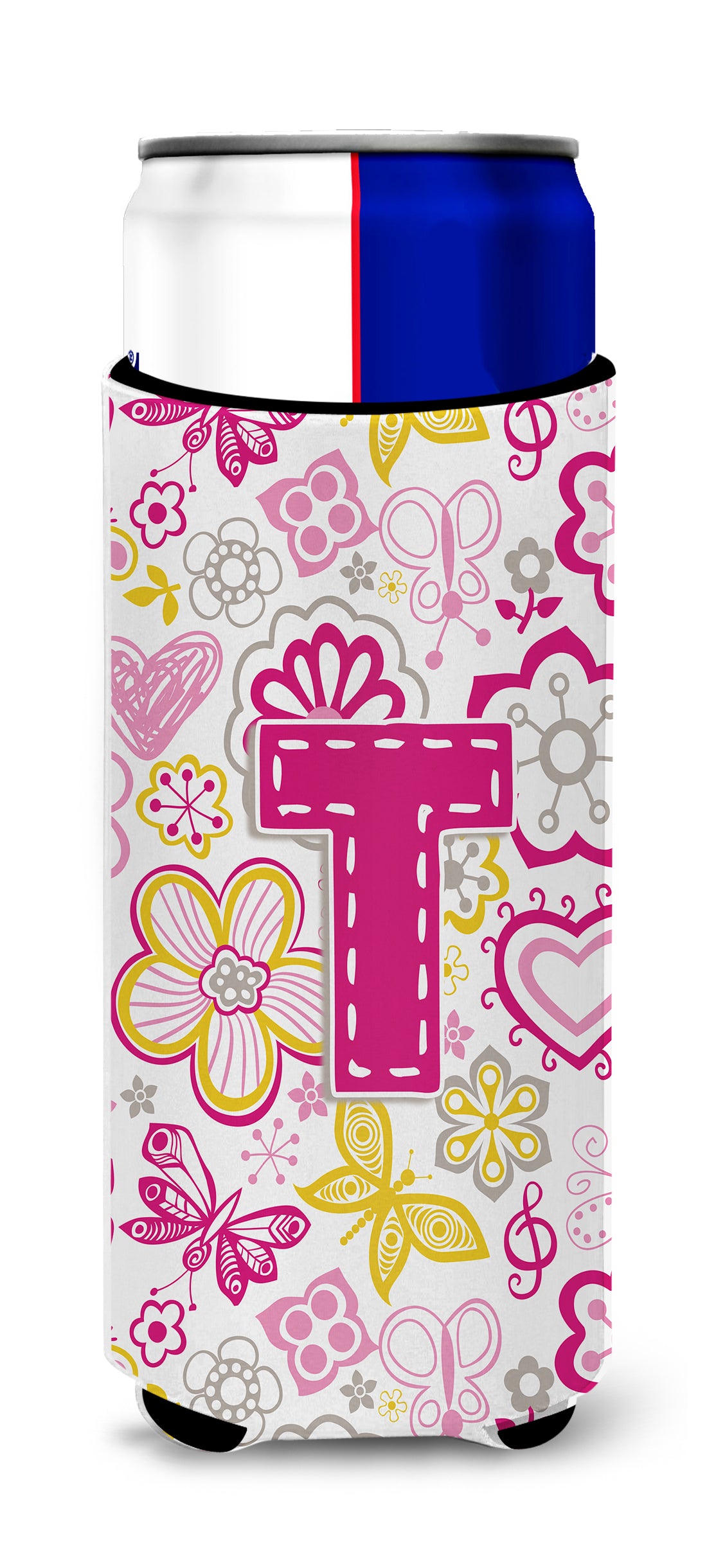 Letter T Flowers and Butterflies Pink Ultra Beverage Insulators for slim cans CJ2005-TMUK