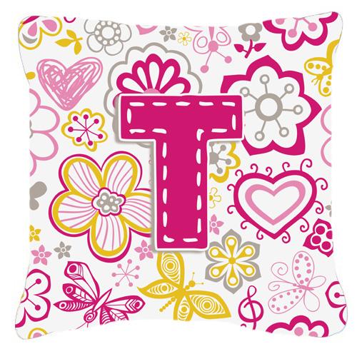 Letter T Flowers and Butterflies Pink Canvas Fabric Decorative Pillow by Caroline&#39;s Treasures