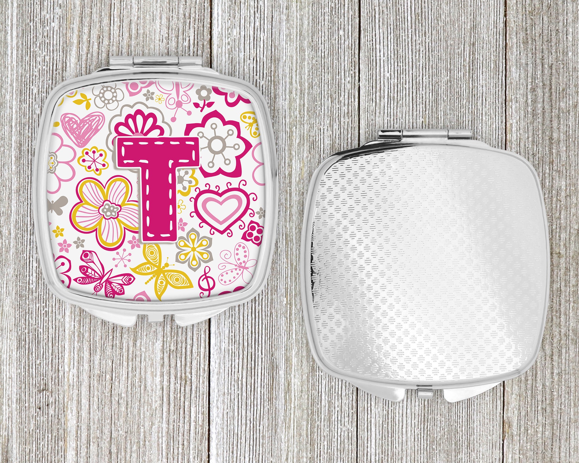 Letter T Flowers and Butterflies Pink Compact Mirror CJ2005-TSCM  the-store.com.