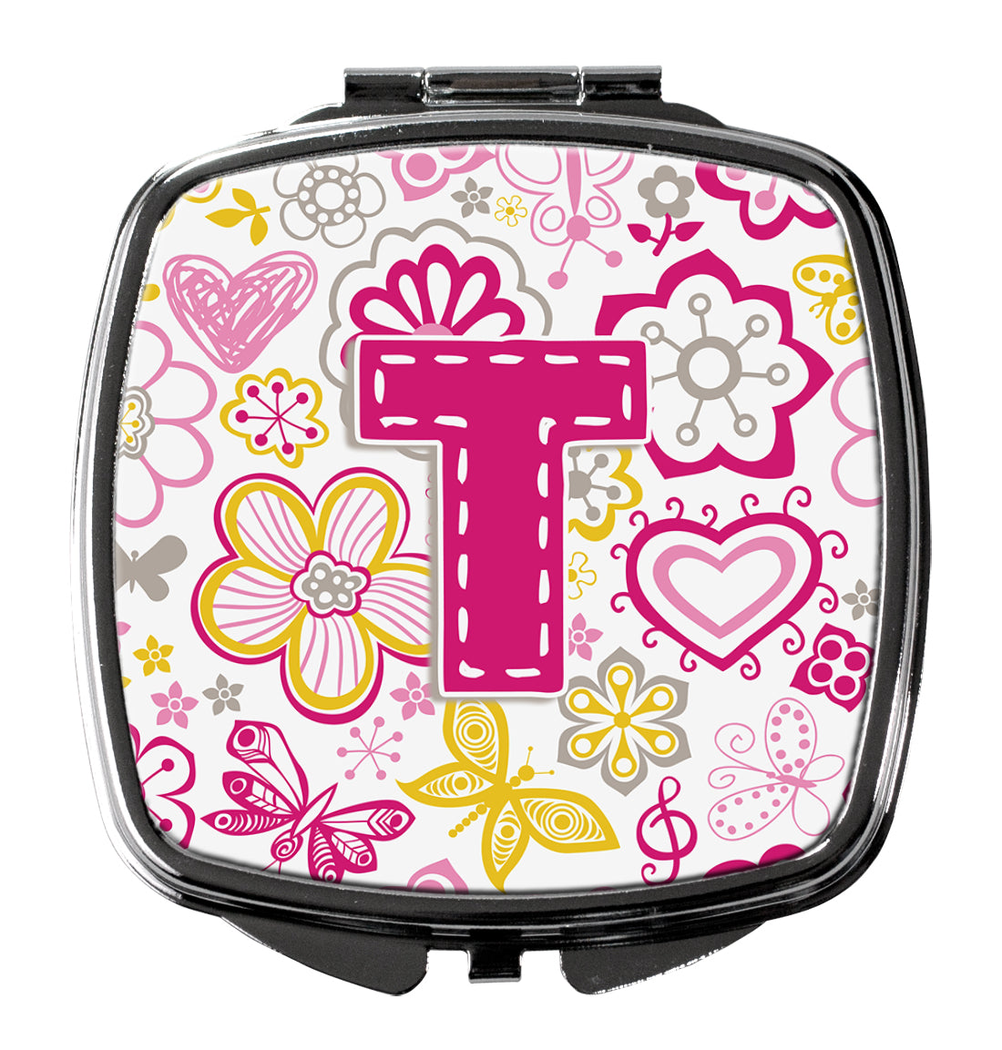 Letter T Flowers and Butterflies Pink Compact Mirror CJ2005-TSCM  the-store.com.