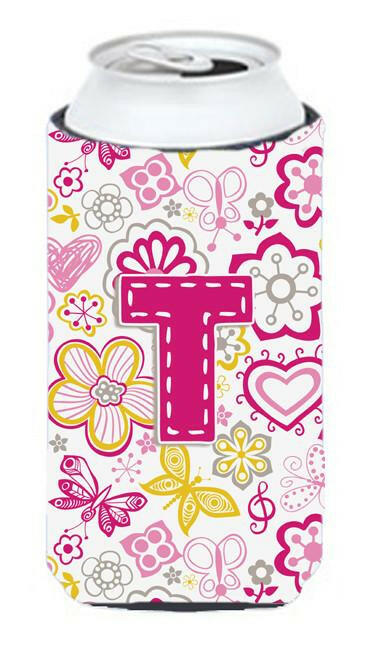 Letter T Flowers and Butterflies Pink Tall Boy Beverage Insulator Hugger CJ2005-TTBC by Caroline&#39;s Treasures