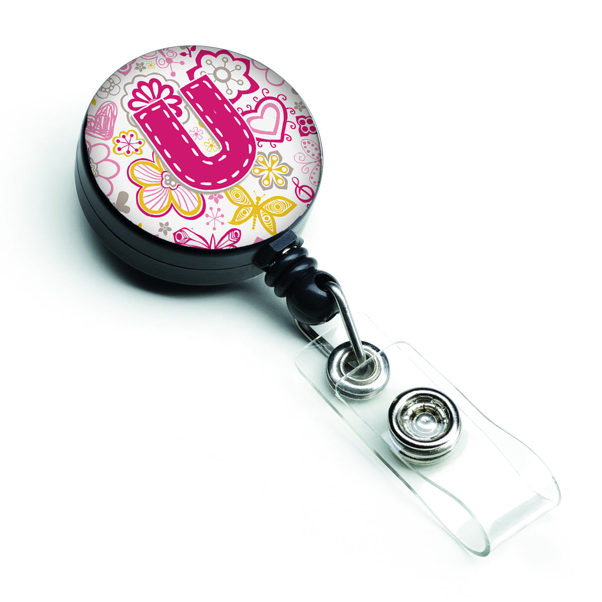 Letter U Flowers and Butterflies Pink Retractable Badge Reel CJ2005-UBR