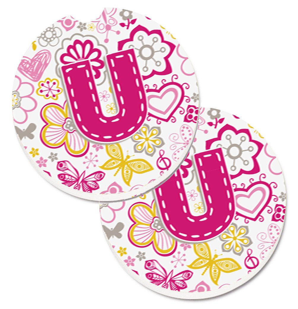 Letter U Flowers and Butterflies Pink Set of 2 Cup Holder Car Coasters CJ2005-UCARC by Caroline&#39;s Treasures