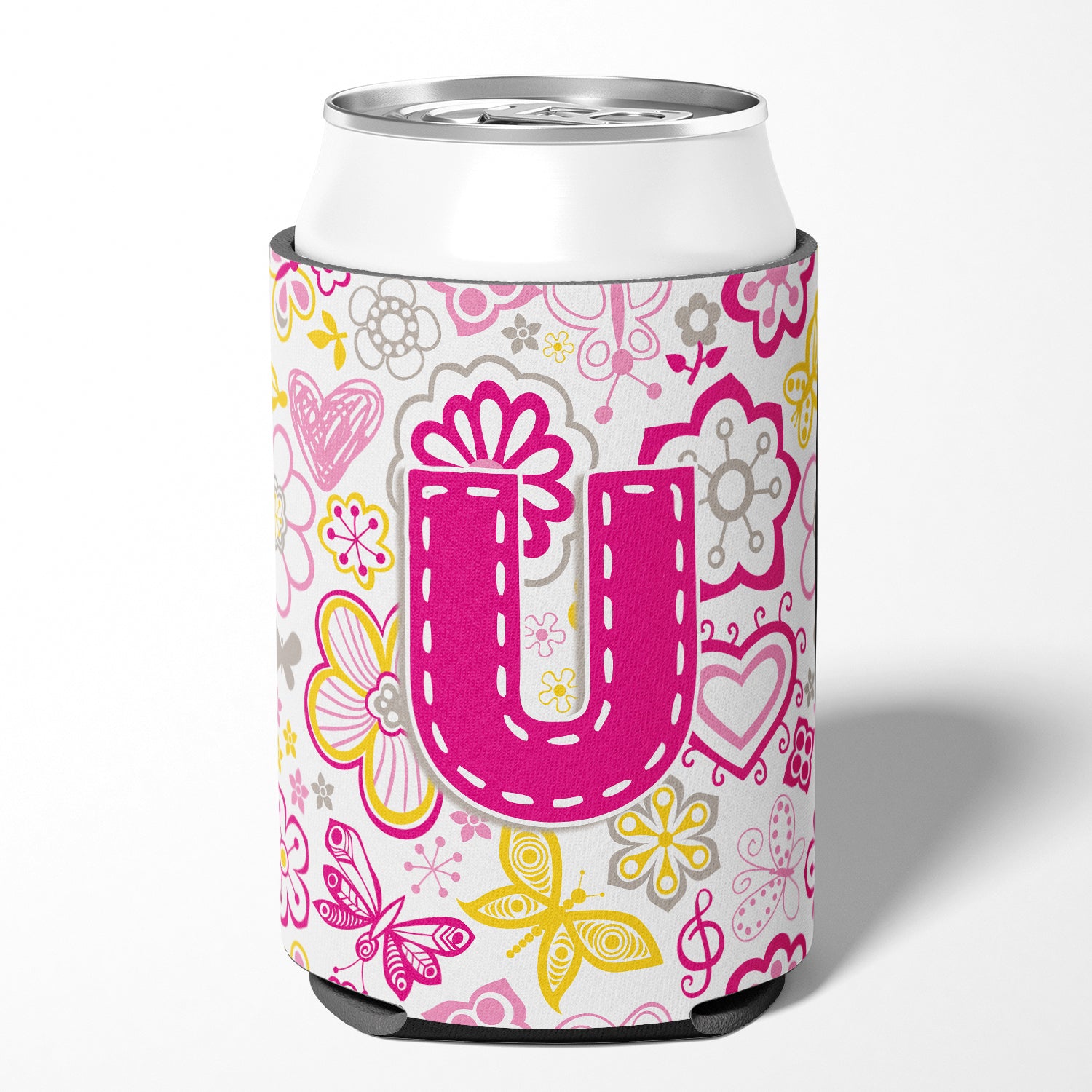 Letter U Flowers and Butterflies Pink Can or Bottle Hugger CJ2005-UCC