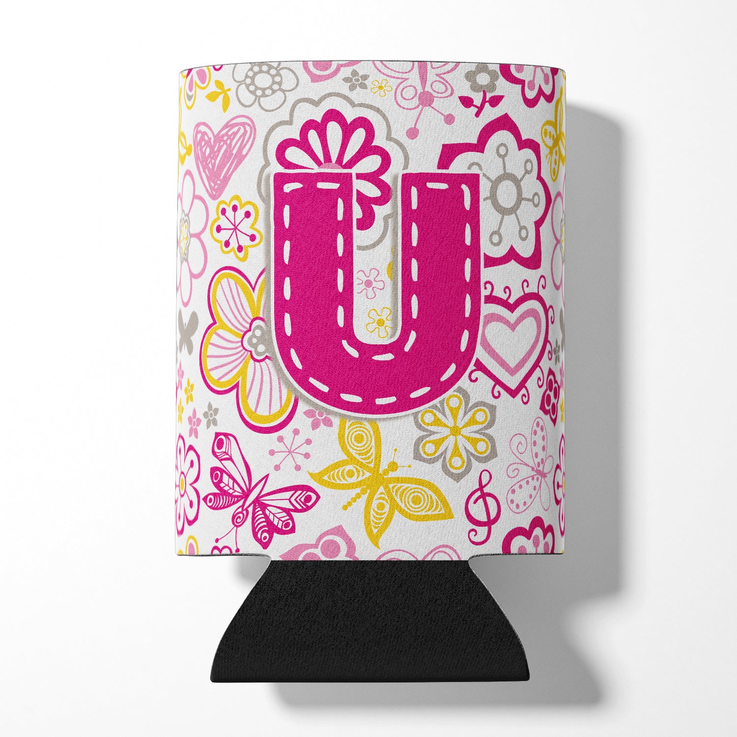 Letter U Flowers and Butterflies Pink Can or Bottle Hugger CJ2005-UCC