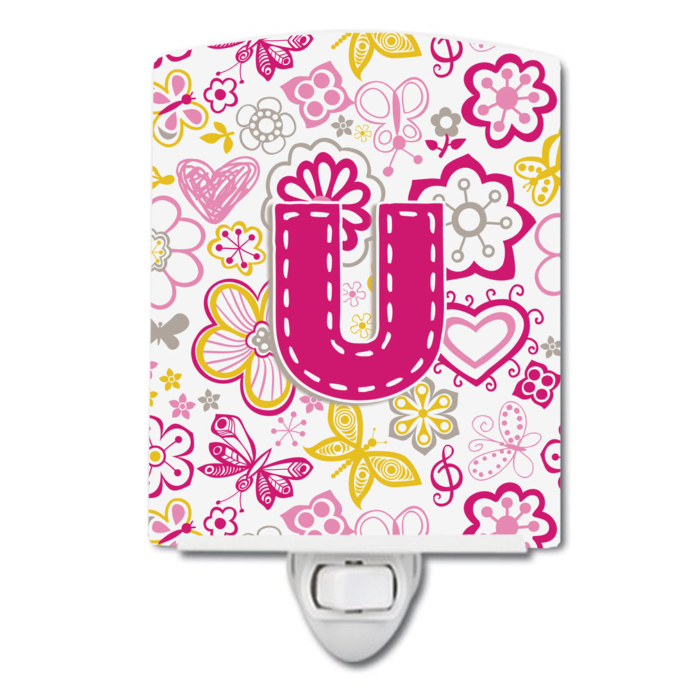 Letter U Flowers and Butterflies Pink Ceramic Night Light CJ2005-UCNL - the-store.com
