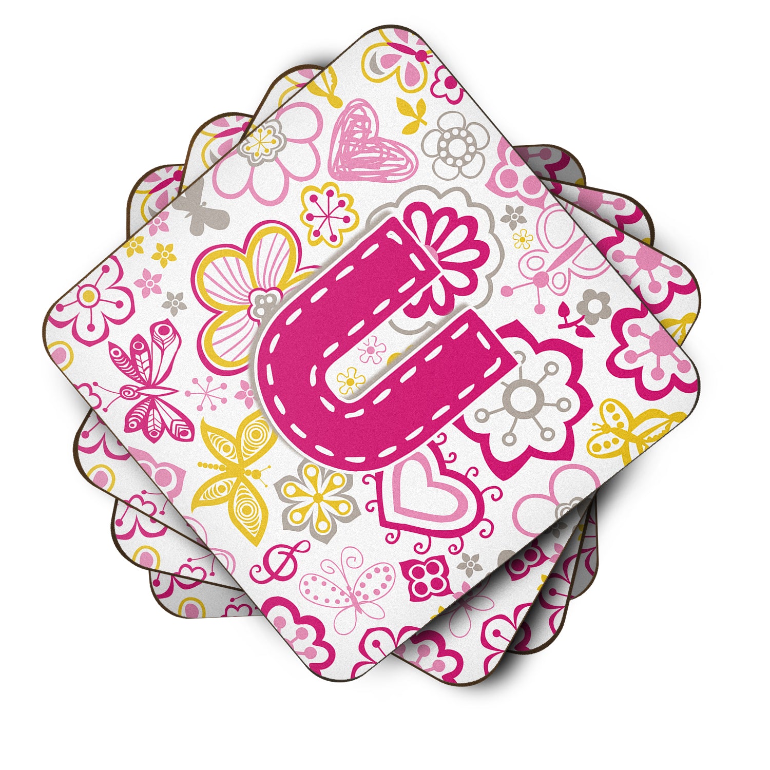 Set of 4 Letter U Flowers and Butterflies Pink Foam Coasters CJ2005-UFC - the-store.com