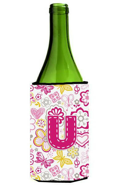 Letter U Flowers and Butterflies Pink Wine Bottle Beverage Insulator Hugger CJ2005-ULITERK by Caroline&#39;s Treasures
