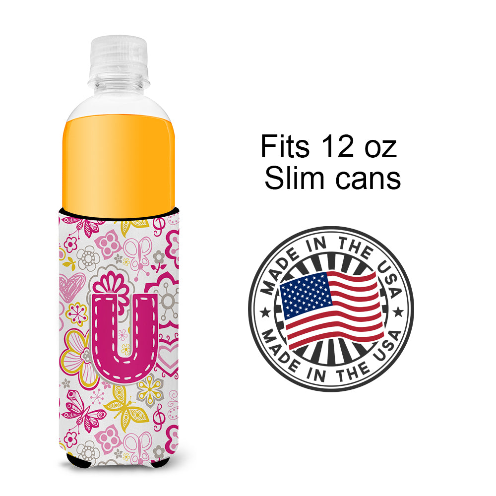 Letter U Flowers and Butterflies Pink Ultra Beverage Insulators for slim cans CJ2005-UMUK.