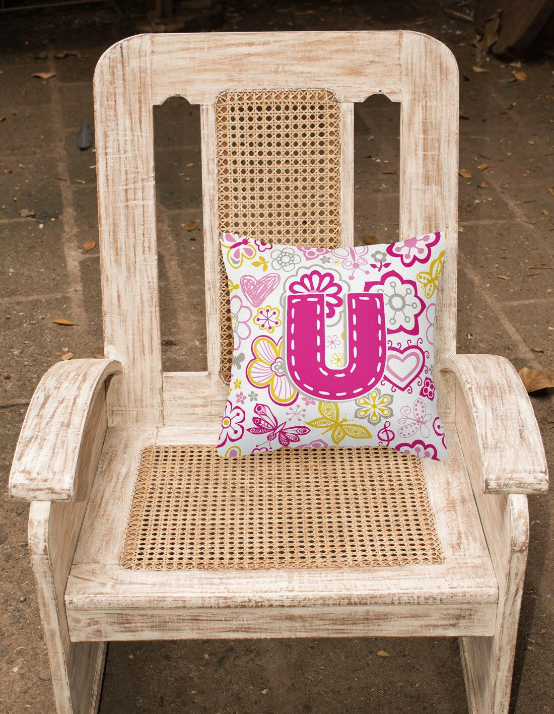 Letter U Flowers and Butterflies Pink Canvas Fabric Decorative Pillow CJ2005-UPW1414 by Caroline's Treasures