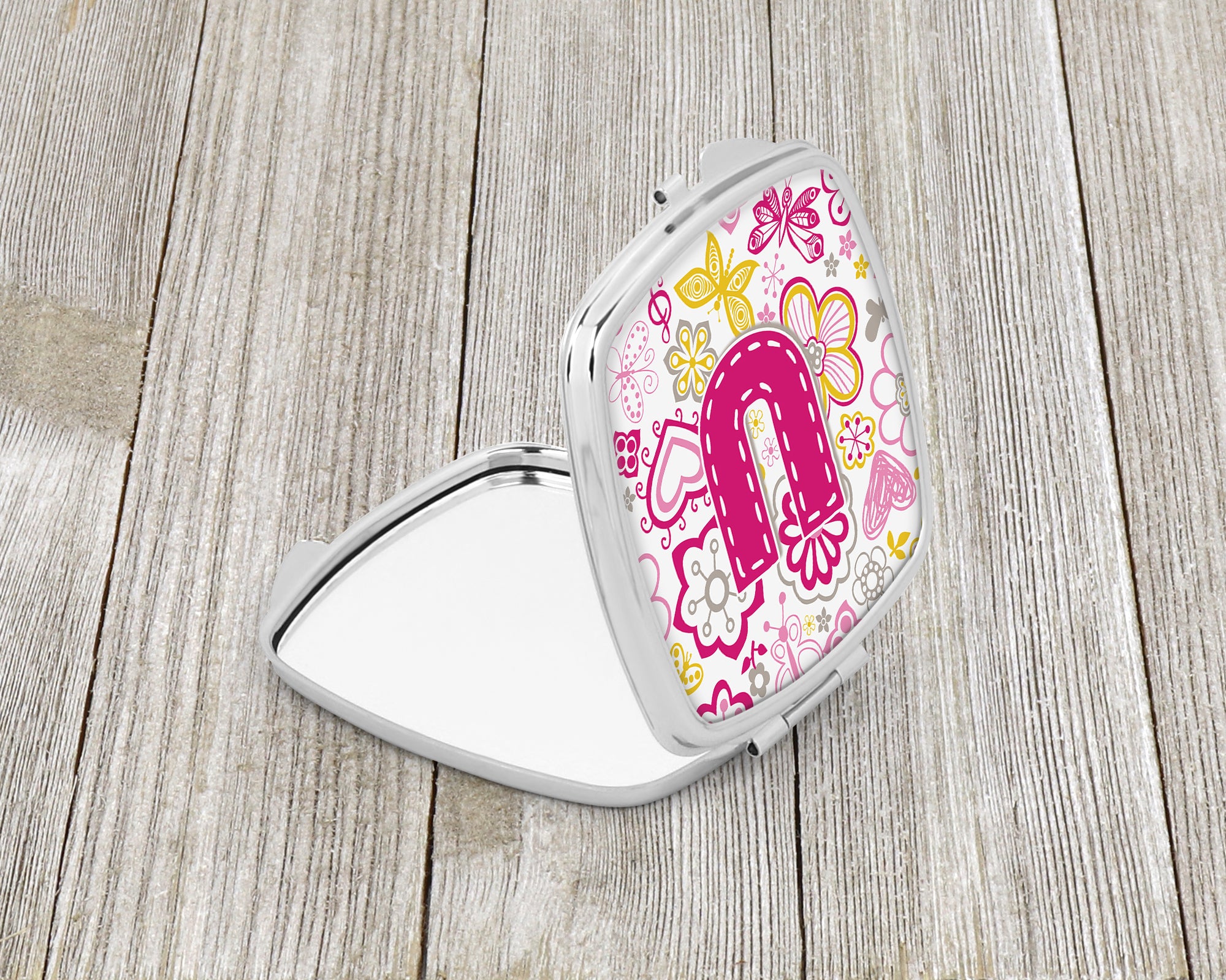 Letter U Flowers and Butterflies Pink Compact Mirror CJ2005-USCM  the-store.com.
