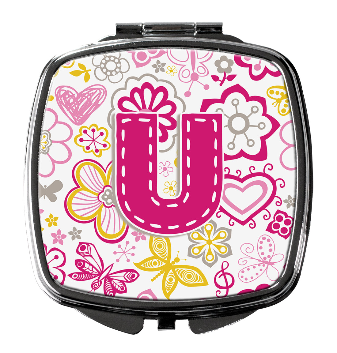 Letter U Flowers and Butterflies Pink Compact Mirror CJ2005-USCM