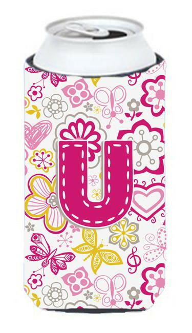 Letter U Flowers and Butterflies Pink Tall Boy Beverage Insulator Hugger CJ2005-UTBC by Caroline&#39;s Treasures
