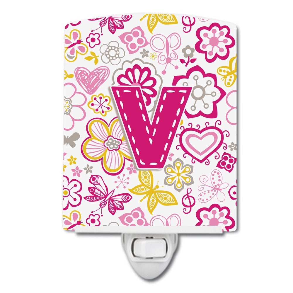 Letter V Flowers and Butterflies Pink Ceramic Night Light CJ2005-VCNL - the-store.com