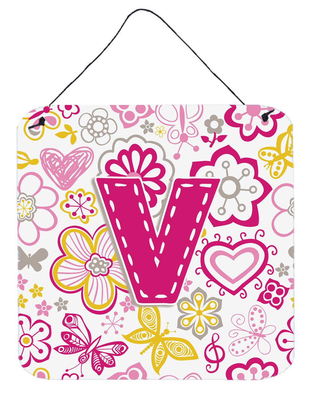 Letter V Flowers and Butterflies Pink Wall or Door Hanging Prints CJ2005-VDS66 by Caroline&#39;s Treasures