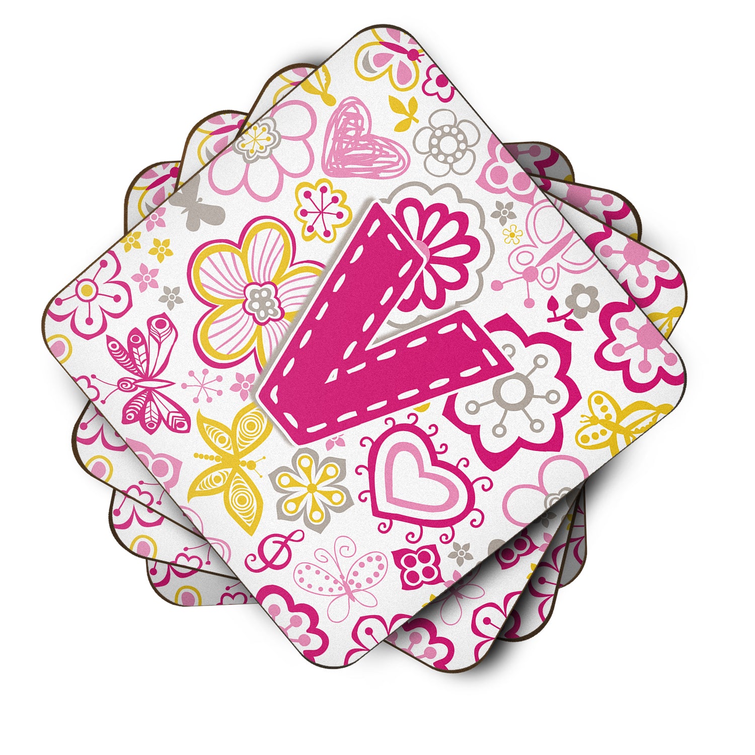 Set of 4 Letter V Flowers and Butterflies Pink Foam Coasters CJ2005-VFC - the-store.com