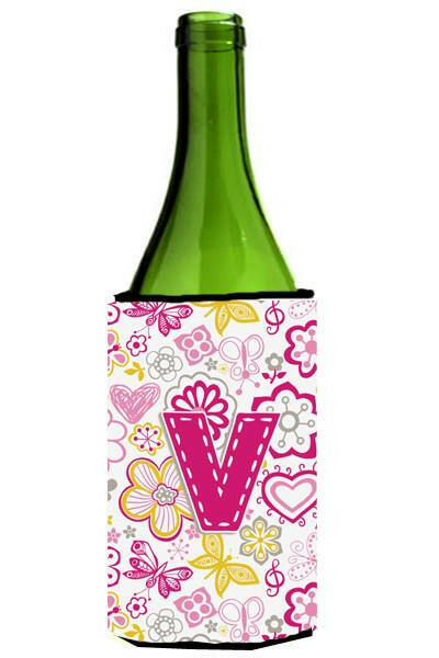 Letter V Flowers and Butterflies Pink Wine Bottle Beverage Insulator Hugger CJ2005-VLITERK by Caroline&#39;s Treasures