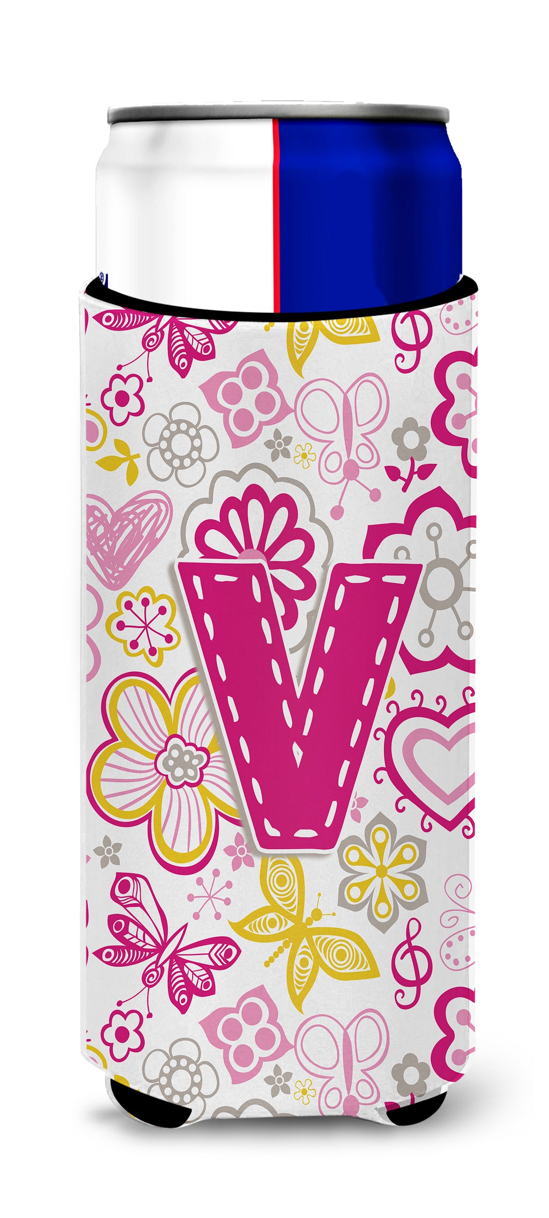 Letter V Flowers and Butterflies Pink Ultra Beverage Insulators for slim cans CJ2005-VMUK