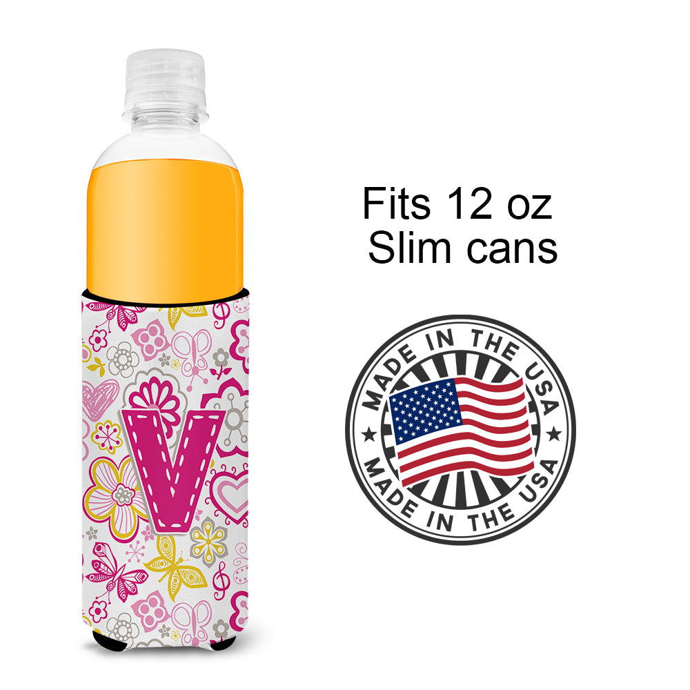 Letter V Flowers and Butterflies Pink Ultra Beverage Insulators for slim cans CJ2005-VMUK.