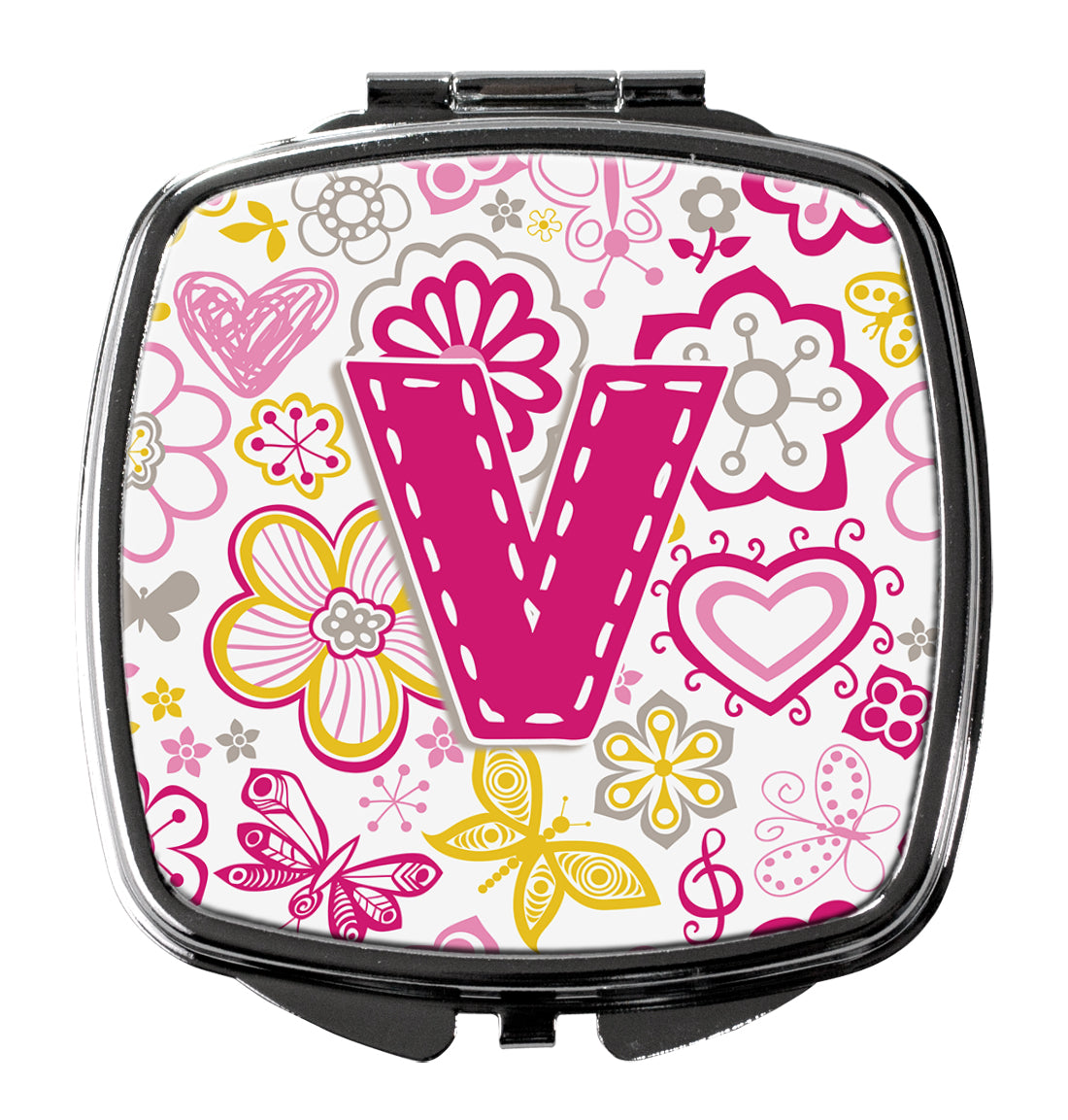 Caroline's Treasures Letter V Flowers and Butterflies Pink Compact Mirror – Stylish Purse Mirror with Artistic Covers CJ2005-VSCM