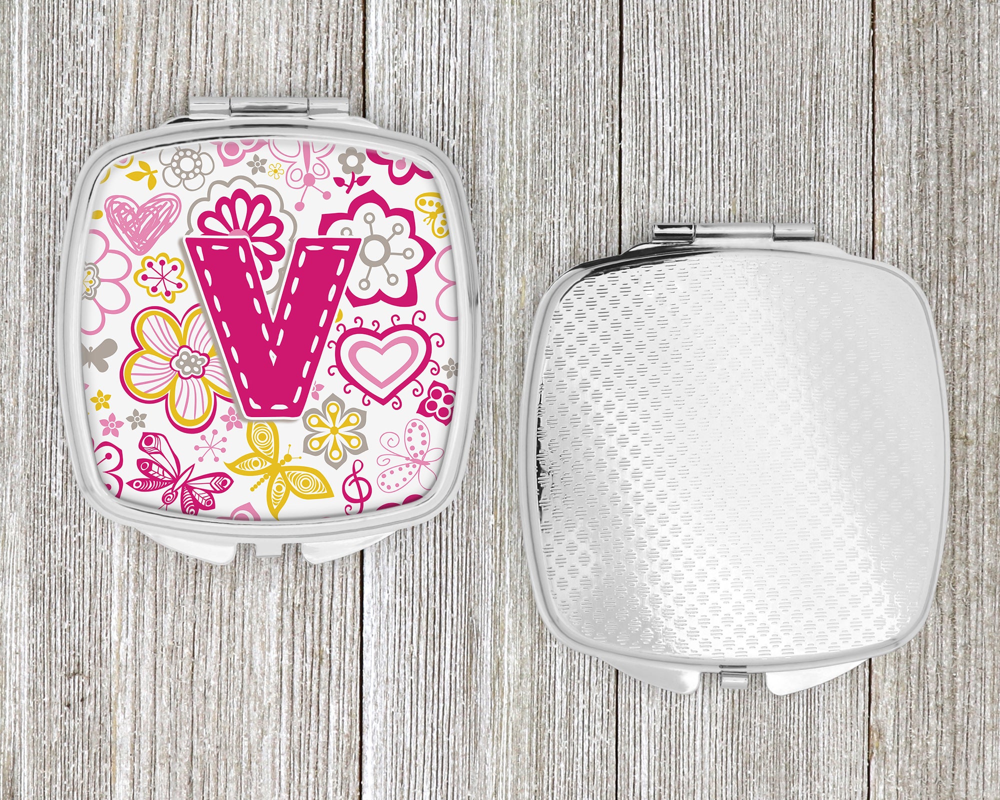 Letter V Flowers and Butterflies Pink Compact Mirror CJ2005-VSCM