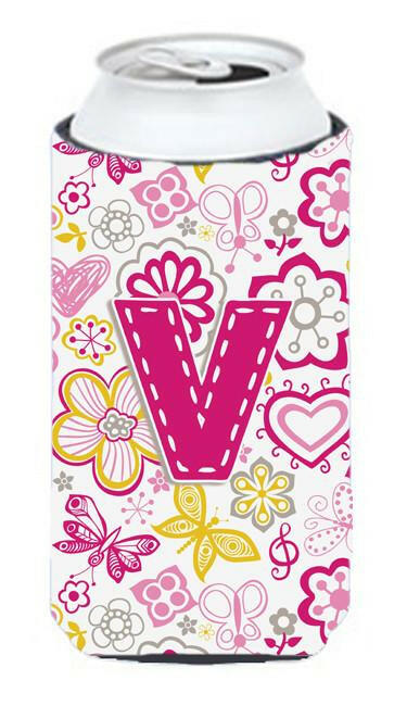 Letter V Flowers and Butterflies Pink Tall Boy Beverage Insulator Hugger CJ2005-VTBC by Caroline's Treasures