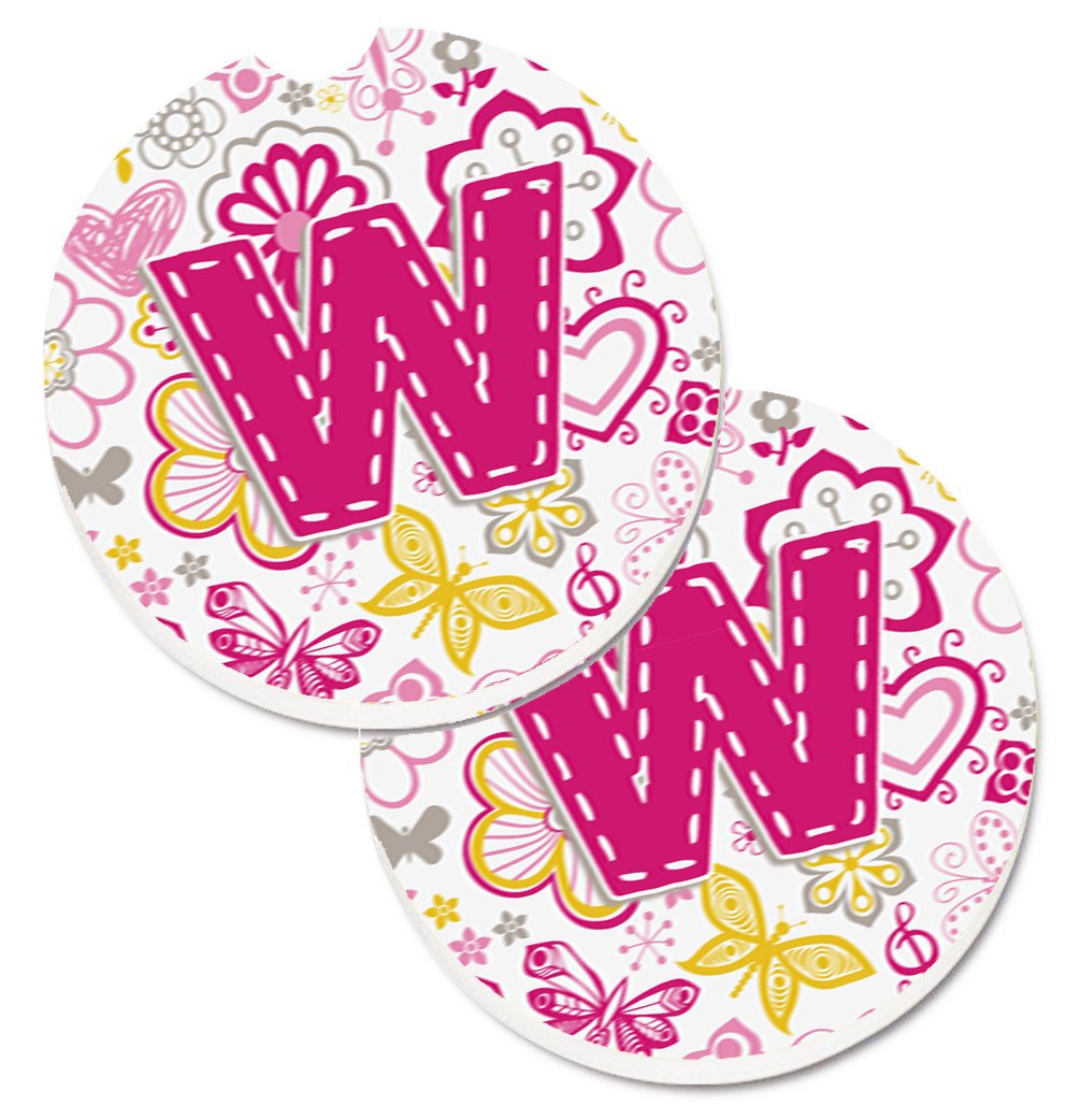 Letter W Flowers and Butterflies Pink Set of 2 Cup Holder Car Coasters CJ2005-WCARC by Caroline&#39;s Treasures