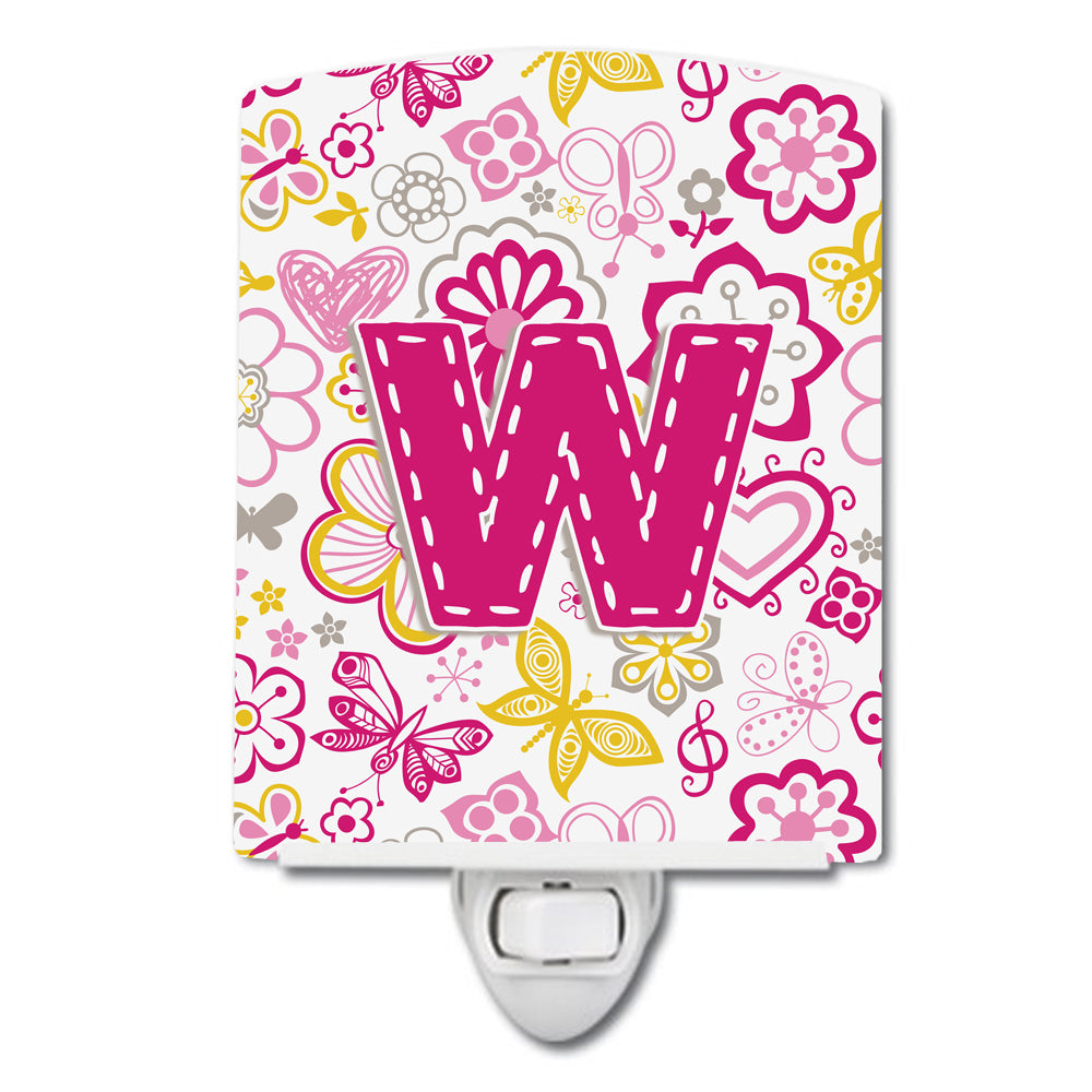 Letter W Flowers and Butterflies Pink Ceramic Night Light CJ2005-WCNL - the-store.com
