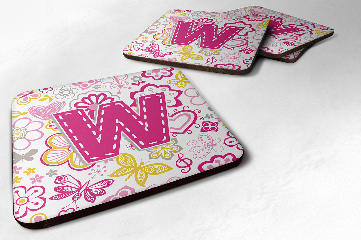 Set of 4 Letter W Flowers and Butterflies Pink Foam Coasters CJ2005-WFC - the-store.com