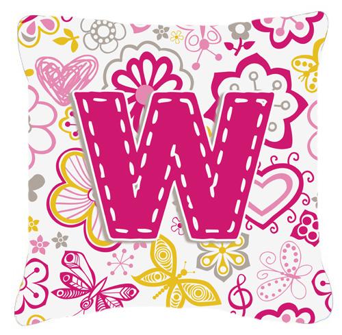 Letter W Flowers and Butterflies Pink Canvas Fabric Decorative Pillow by Caroline&#39;s Treasures