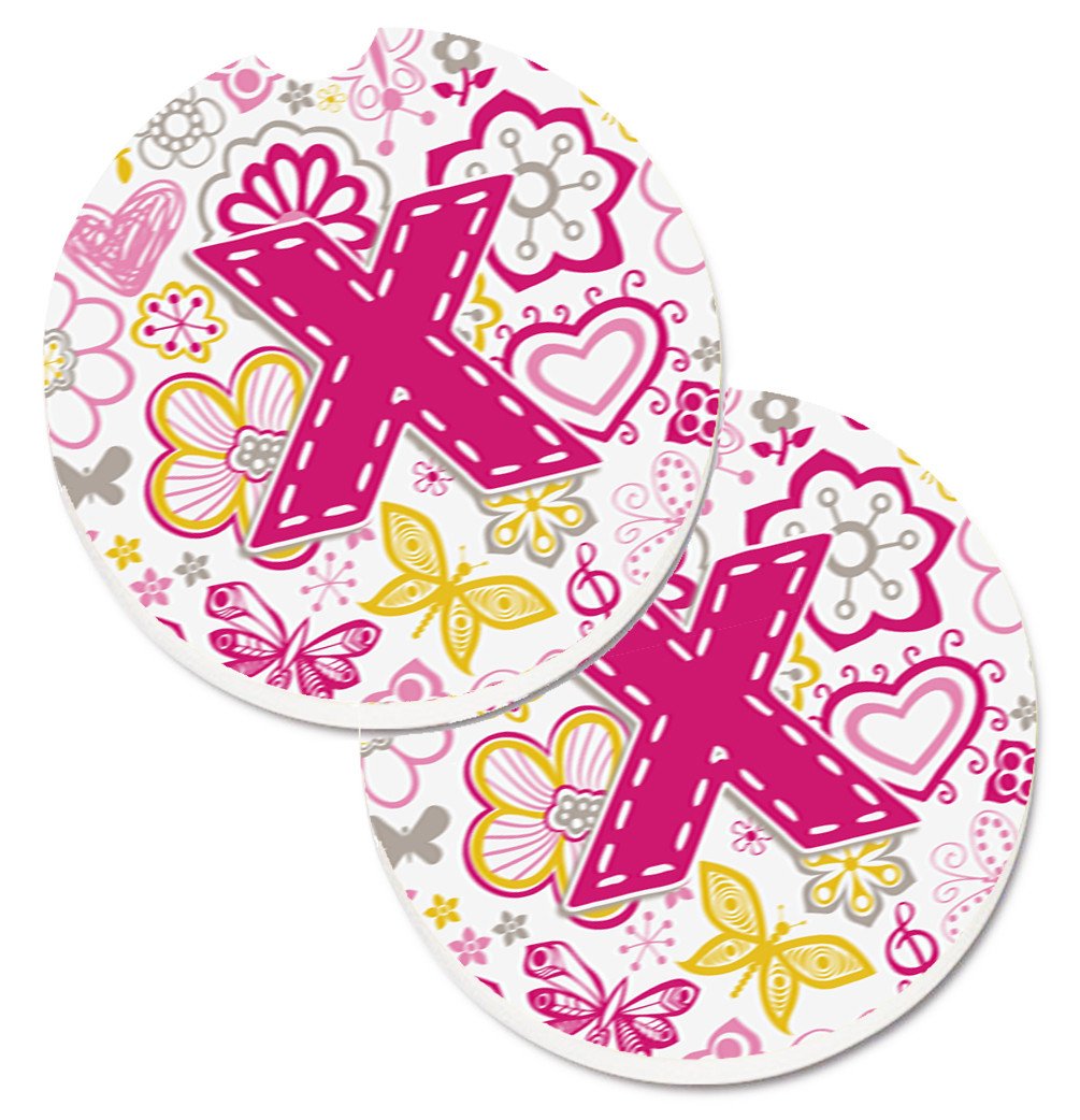 Letter X Flowers and Butterflies Pink Set of 2 Cup Holder Car Coasters CJ2005-XCARC by Caroline&#39;s Treasures