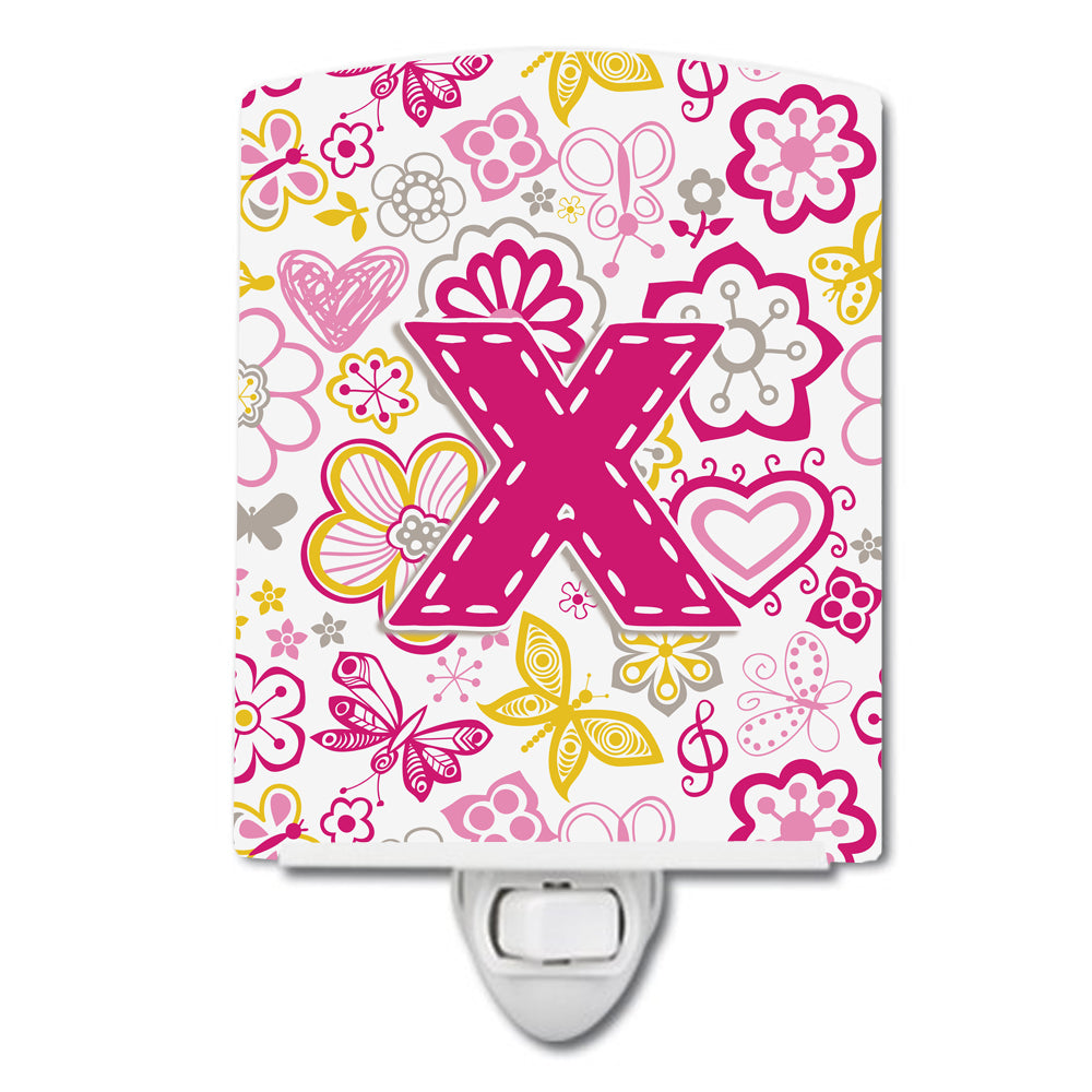 Letter X Flowers and Butterflies Pink Ceramic Night Light CJ2005-XCNL - the-store.com