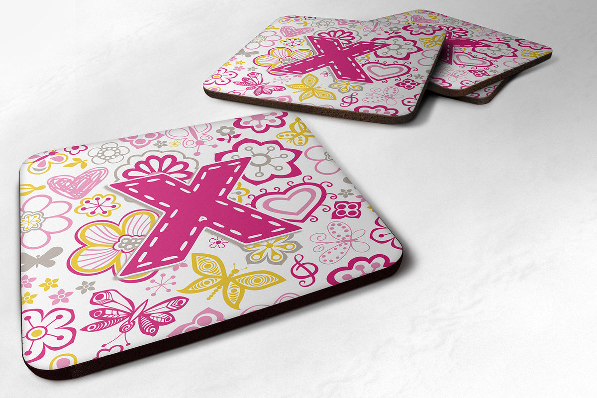 Set of 4 Letter X Flowers and Butterflies Pink Foam Coasters CJ2005-XFC - the-store.com