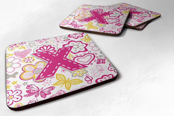 Set of 4 Letter X Flowers and Butterflies Pink Foam Coasters CJ2005-XFC - the-store.com