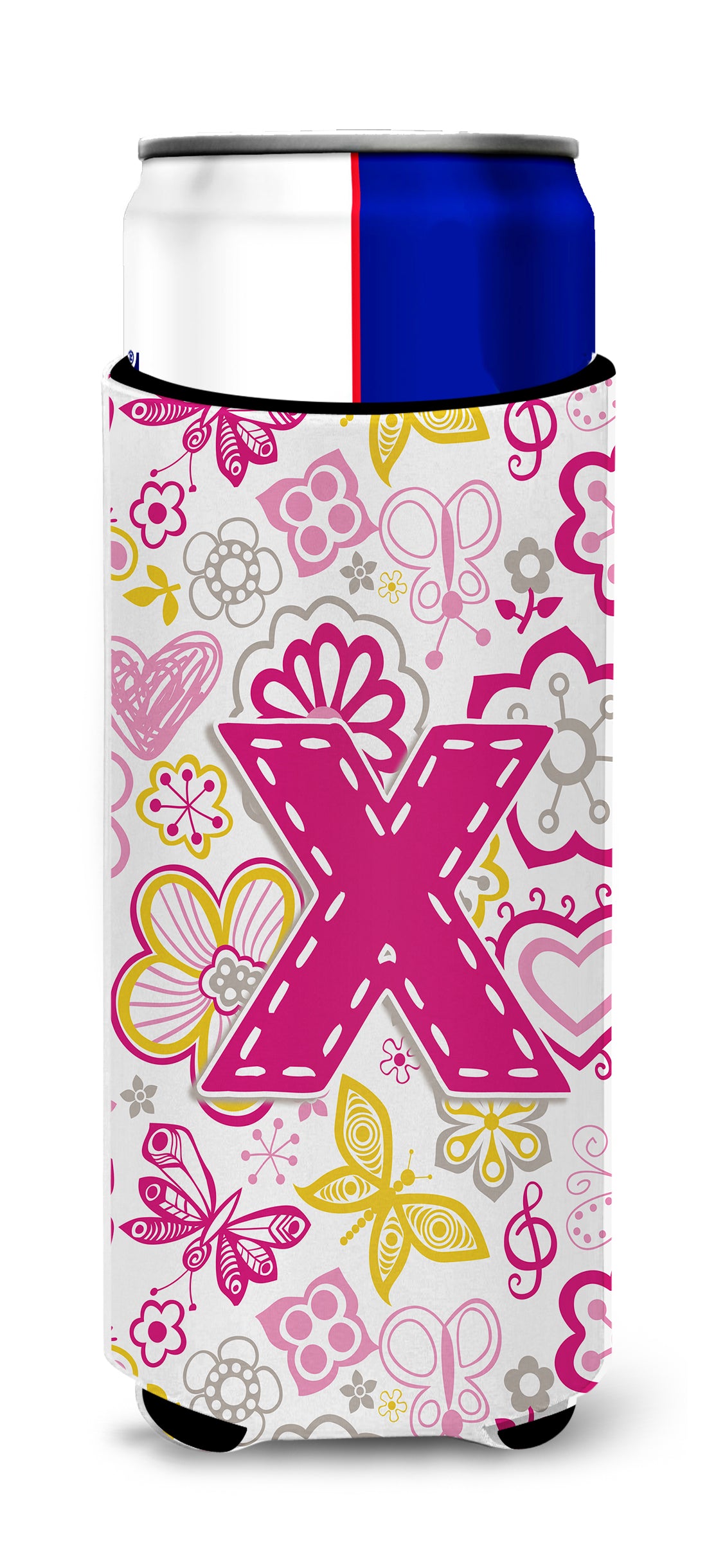Letter X Flowers and Butterflies Pink Ultra Beverage Insulators for slim cans CJ2005-XMUK.